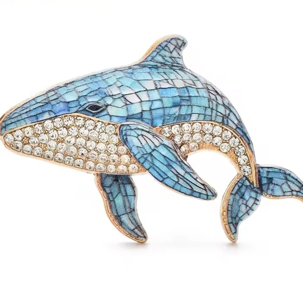 Anthropologie Blue and Gold Whale Brooch